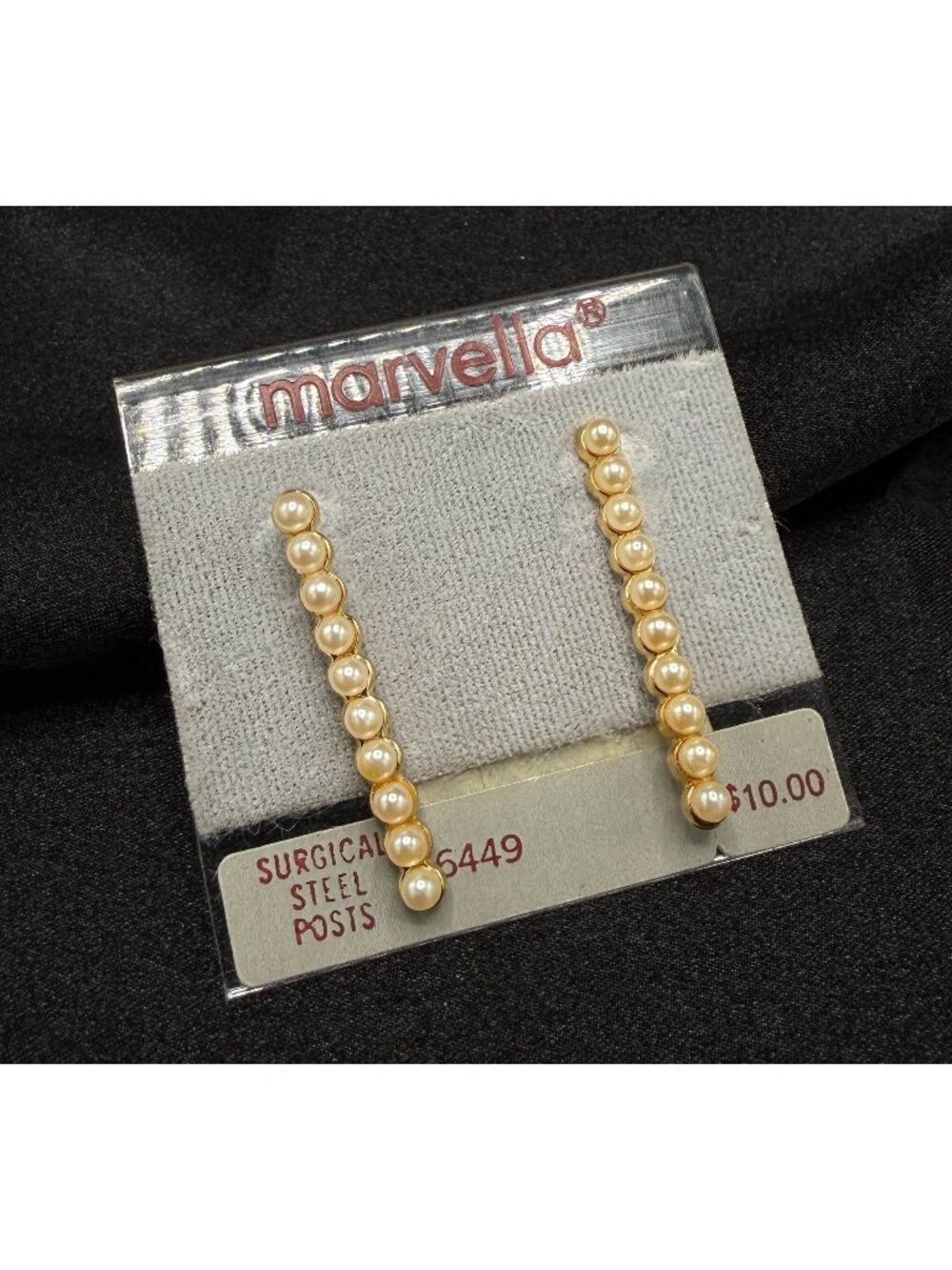 Vintage Marvella 1980s Pearl Gold-Tone Bar Earrings Surgical Steel Posts